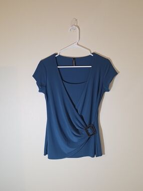 Jason Maxwell Teal Faux Wrap Top Buckle Detail Cap Sleeve Size M
